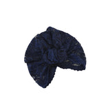 Navy blue lace headband on a white background