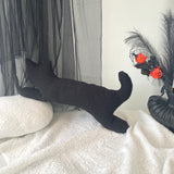 Black cat toy with a spider and pumpkin decoration on a white surface.