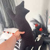 Hand holding a black cat-shaped plush toy with Halloween decorations in the background.