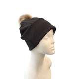 Black beanie on a mannequin head against a white background
