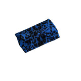 A blue and black leopard print fabric headband with a central knot, shown on a plain white background.