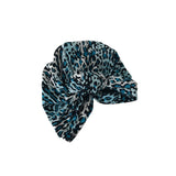 Blue and black leopard print headscarf on a white background