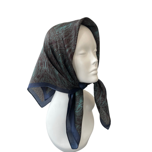 brown navy paisley print satin scarf