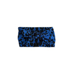 A blue fabric headband with a black leopard print pattern and a central bow, displayed flat against a solid white background.