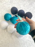 Velvet Christmas Baubles in Dark Navy, Turquoise and White