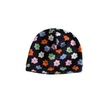 A black knit baby beanie hat featuring an all-over pattern of small, colorful embroidered flowers in pink, orange, green, blue, and white, shown against a plain white background.