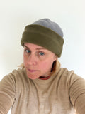 grey and khaki fleece hat
