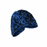 Blue leopard print headscarf on a white background