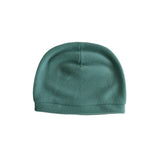 A solid teal green fleece beanie hat shown flat against a plain white background.