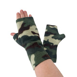 Camouflage-patterned fingerless gloves worn on a white background
