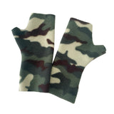 Pair of camouflage fingerless gloves on a white background