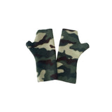 Camouflage-patterned fingerless gloves on a white background