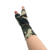 Camouflage-patterned fingerless gloves on a white background