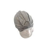 Gray headscarf on a mannequin head against a white background
