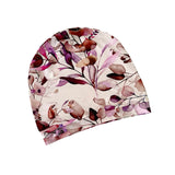 Floral patterned beanie on a white background