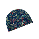 Navy blue beanie with festive pattern on a white background