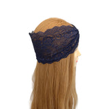 Navy lace headband on a mannequin head with long blonde hair against a white background