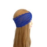 Blue lace headband on a mannequin head with long brown hair against a white background