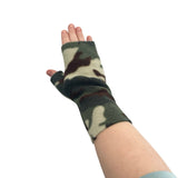 Camouflage-patterned fingerless gloves on a white background