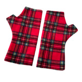 Red plaid fingerless gloves on a white background