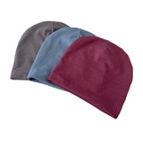 Three beanie hats in gray, blue, and maroon on a white background