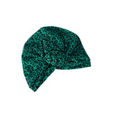 Green leopard print headscarf on a white background