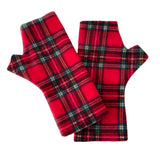 Red plaid fingerless gloves on a white background