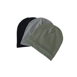 Three beanies in black, gray, and green on a white background