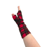 Soft red tartan fingerless wrist warmer gloves