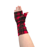 Soft red tartan fingerless wrist warmer gloves