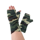 Camouflage-patterned fingerless gloves on a white background