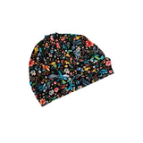 A fabric head covering or cap featuring an all-over dense floral and butterfly print on a black background, shown against a plain white studio background.