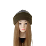 An olive green fleece beanie hat displayed on a mannequin head with long light brown hair, set against a plain white background.