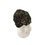 Black headscarf with feather pattern on a mannequin head against a white background