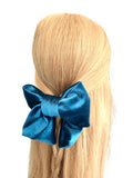 Petrol blue oversized short tail velvet bow