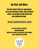 Promotional text on a yellow background for the IAM ME store, including website and social media information.