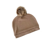 Brown beanie with a fur pom-pom on a white background