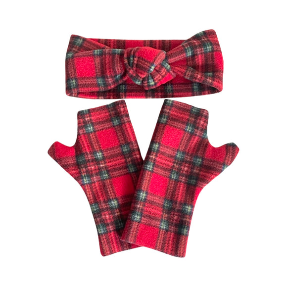 Red tartan fingerless gloves and ear warmer set for women