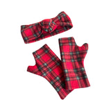 Red tartan fingerless gloves and ear warmer set for women