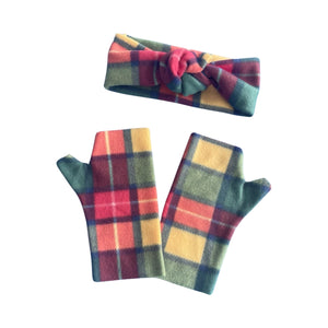 Green tartan fingerless gloves and ear warmer set for women