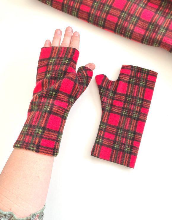 Soft red tartan fingerless wrist warmer gloves