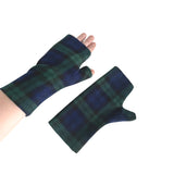 Navy blue green tartan fingerless gloves and ear warmer set