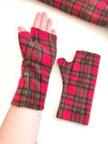 Soft red tartan fingerless wrist warmer gloves