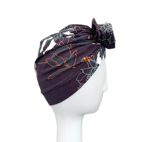 Aubergine Floral Head Wrap Turban Cap