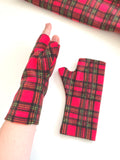 Soft red tartan fingerless wrist warmer gloves