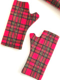 Soft red tartan fingerless wrist warmer gloves
