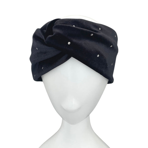 Black Silver Studded Elegant Velvet Turban Twist Headband Head Wrap