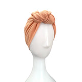 Shiny blush pink and gold metallic fabric turban hat for women. This is a soft and stretchy double-layer design metallic jersey turban hat.