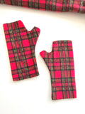 Soft red tartan fingerless wrist warmer gloves