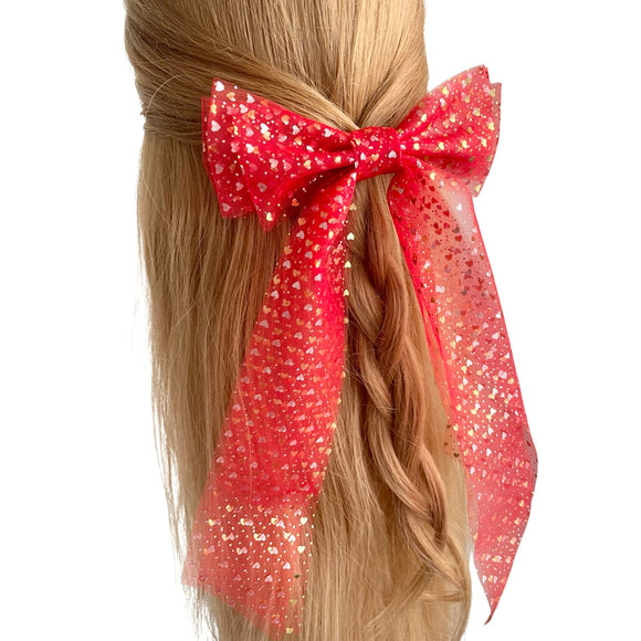 Lightweight long tail red heart ribbon hair bow
